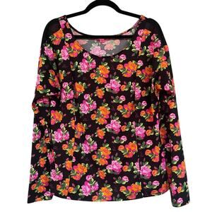 Betsey Johnson Shirt Womens XL Floral Rose Print Long Sleeve Top Blouse Colorful